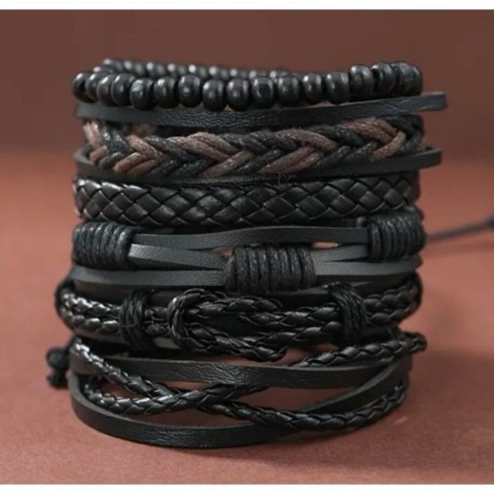 6pc Men's PU Leather Street Style Black Handmade Men Minimalist Twist Bracelet